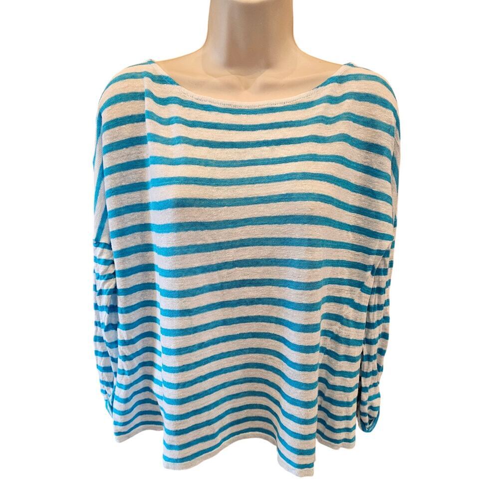 LRL 100% linen blue white slub striped Batwing slouchy pullover XL EUC preppy